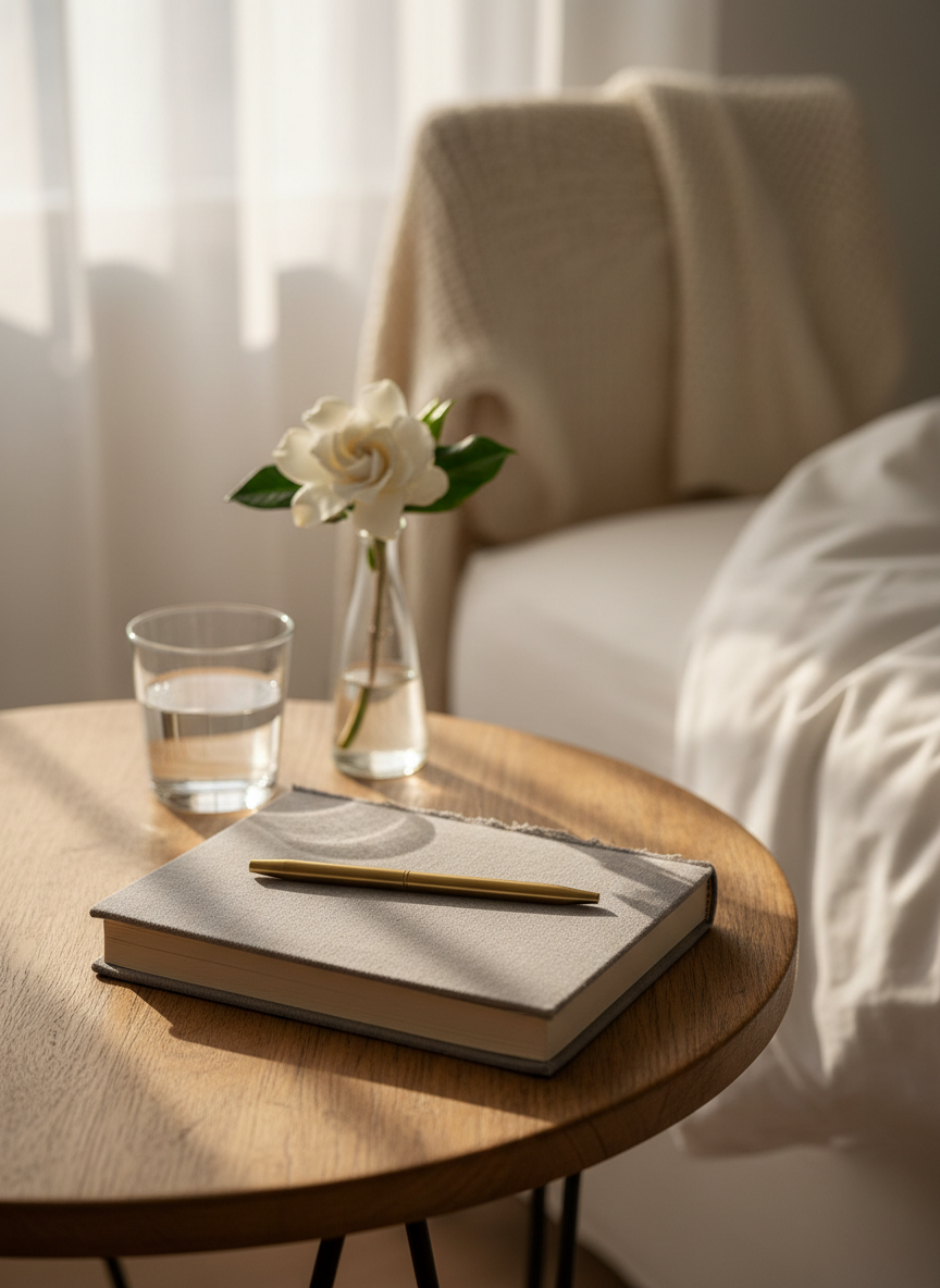 A closed, linen-bound journal with a soft dove-gray cover rests on a round oak bedside table, its edges slightly worn, a slim brass pen laid precisely across it like a pause in mid-sentence. Behind it, a clear glass of water and a single white gardenia in a narrow-necked vase hint at quiet ritual. Late afternoon light falls through sheer curtains, casting gentle, elongated shadows and a warm, muted glow over the scene. Shot at eye level with shallow depth of field, the background of an unmade bed and folded cardigan blurs into bokeh. The photographic realism emphasizes subtle textures and a sophisticated, introspective mood, evoking private women’s stories held just out of sight.