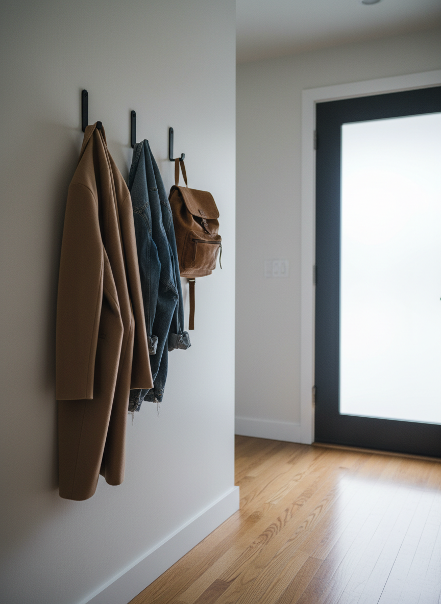 A minimalist hallway features a row of understated wall hooks holding a tailored camel coat, a faded denim jacket, and a small, well-loved leather backpack, their different textures telling parallel, unseen stories. Below, polished wooden floorboards lead toward a front door with frosted glass, obscuring any outside detail and preserving a sense of anonymity. Soft overcast daylight filters through, diffused and cool, flattening harsh shadows and emphasizing calm, clean lines. Shot in photographic realism from a low, slightly off-center perspective, the convergence of verticals and horizontals creates a sophisticated, contemplative mood, hinting at the many identities women navigate as they step in and out of their private lives.