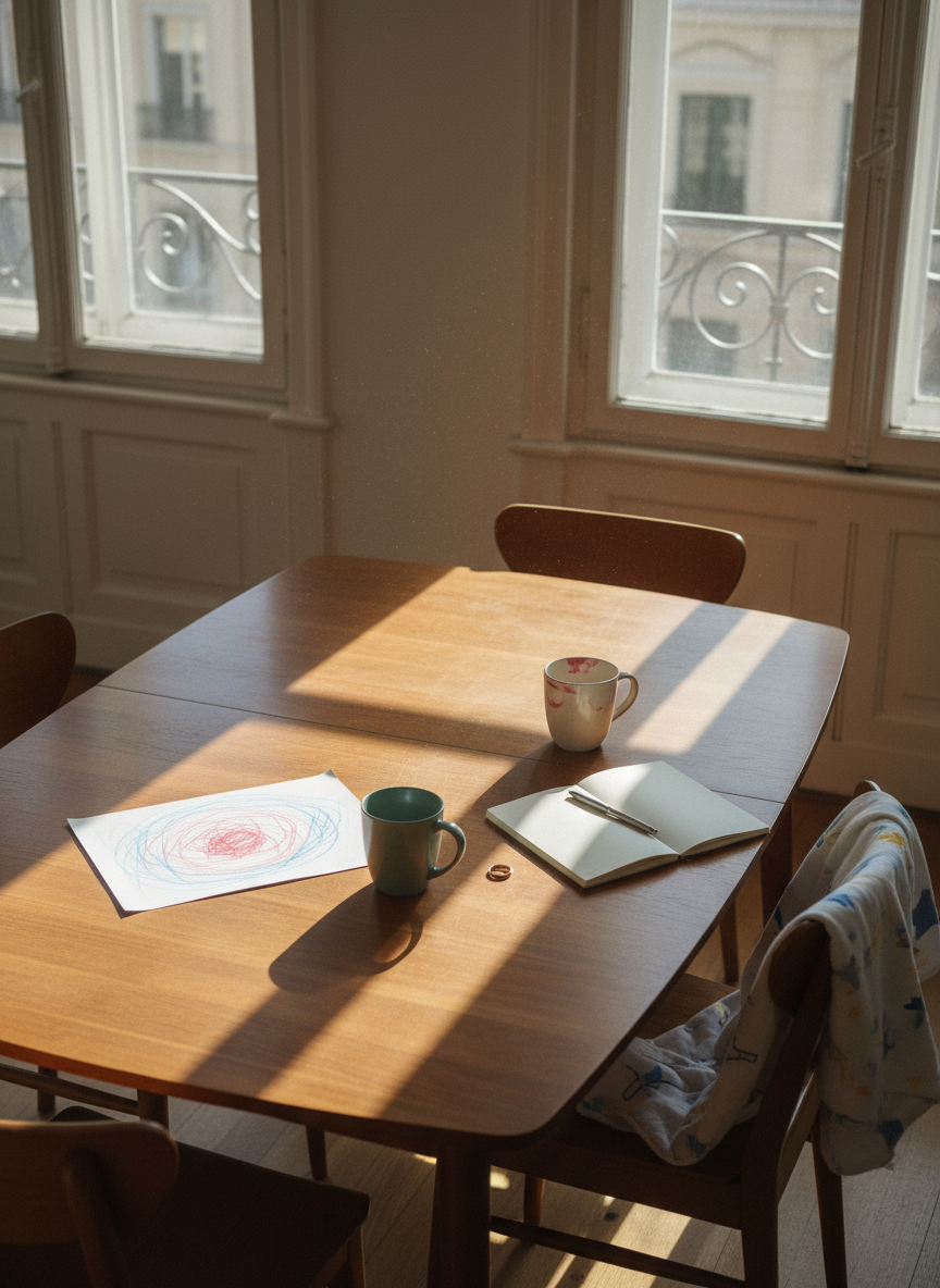 An elegant, mid-century wooden dining table sits in a sunlit apartment, its surface scattered with small, meaningful objects: a child’s crayon drawing turned face-down, two mismatched ceramic mugs with faint lipstick stains, a simple gold wedding band resting beside an open, blank notepad. A cotton baby blanket, softly rumpled, drapes over the back of a nearby chair. Morning light streams through tall windows, illuminating dust motes and creating gentle reflections on the table’s varnished grain. Captured from a slightly elevated angle, with the empty chairs framing the composition, the photographic image feels intimate and sophisticated, suggesting the quiet negotiations of motherhood and marriage in the spaces between moments.